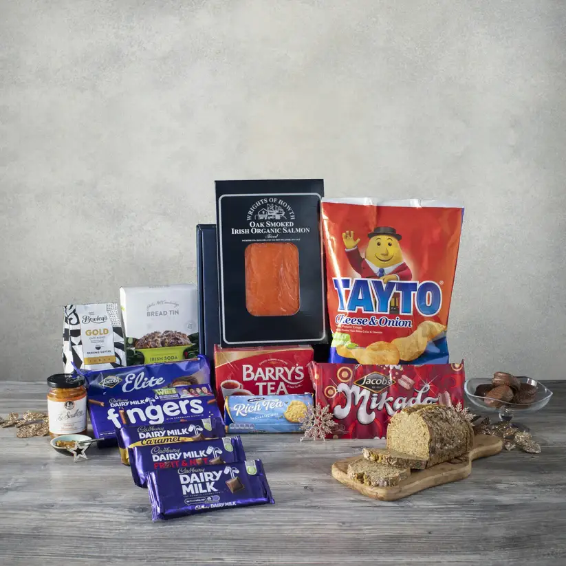 Contents of a Wrights of Howth Christmas hamper laid out in full, showing the food items without padding