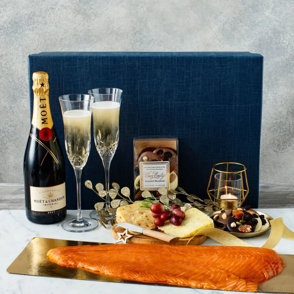 A side of Wrights of Howth organic oak-smoked salmon with champagne, the centrepiece of a luxury hamper