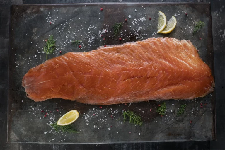 A whole side of Wrights of Howth oak-smoked salmon, sliced